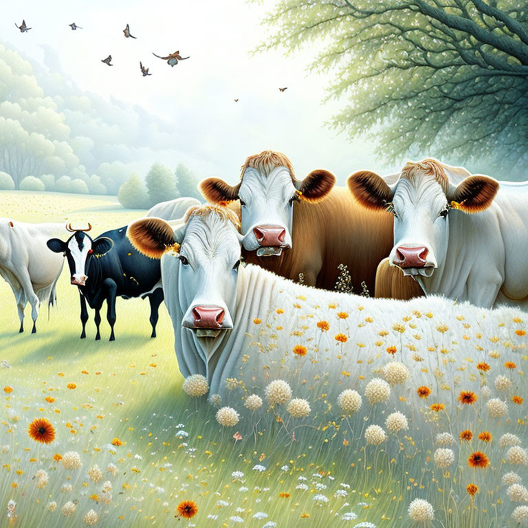 Colorful cow and bird scene in a serene nature setting