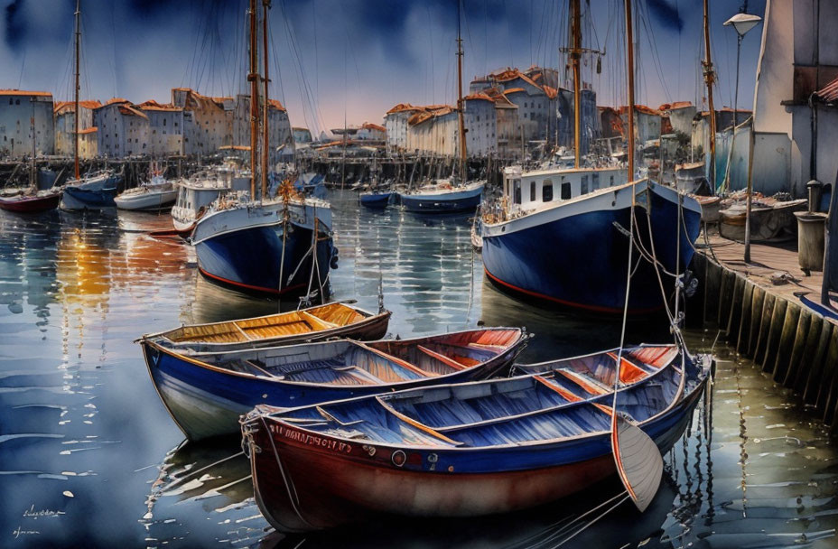 Tranquil harbor scene with moored boats and quaint buildings