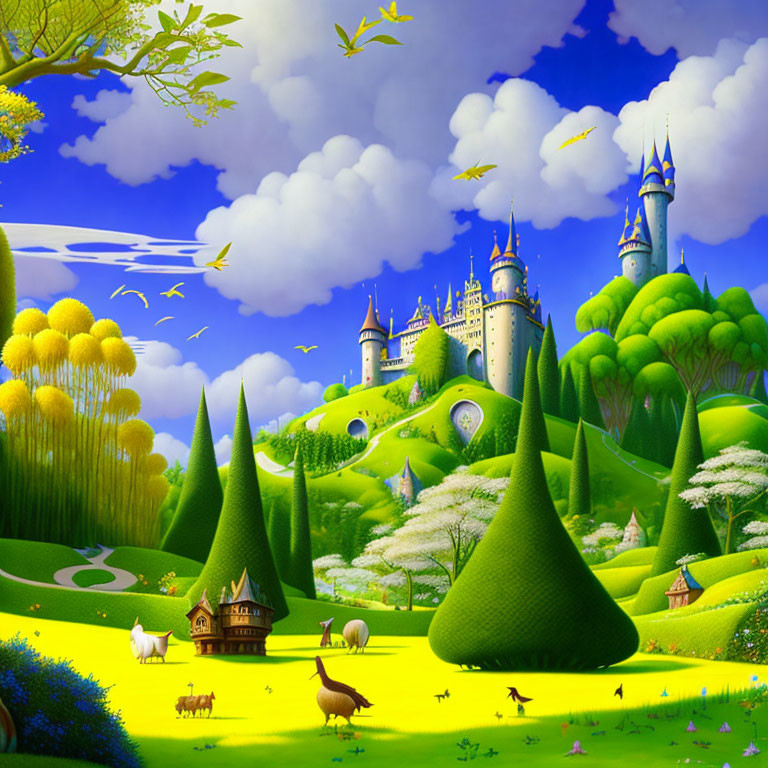 Enchanting fairy tale landscape with castle, whimsical trees, animals, and winding path