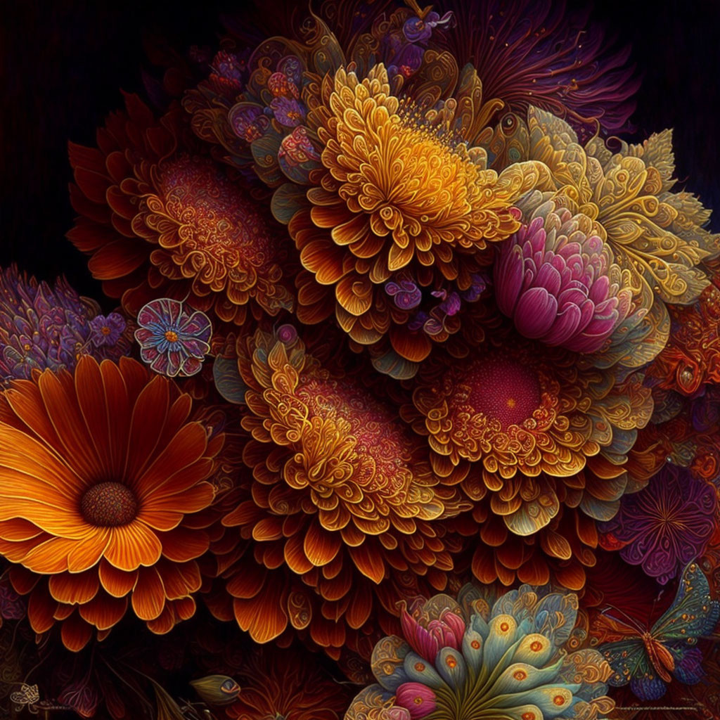 Detailed illustration of ornate orange, red, and purple flowers