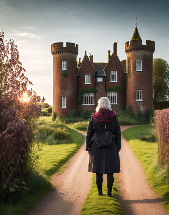 Person on Path to Castle at Sunset with Warm Sunlight Glow