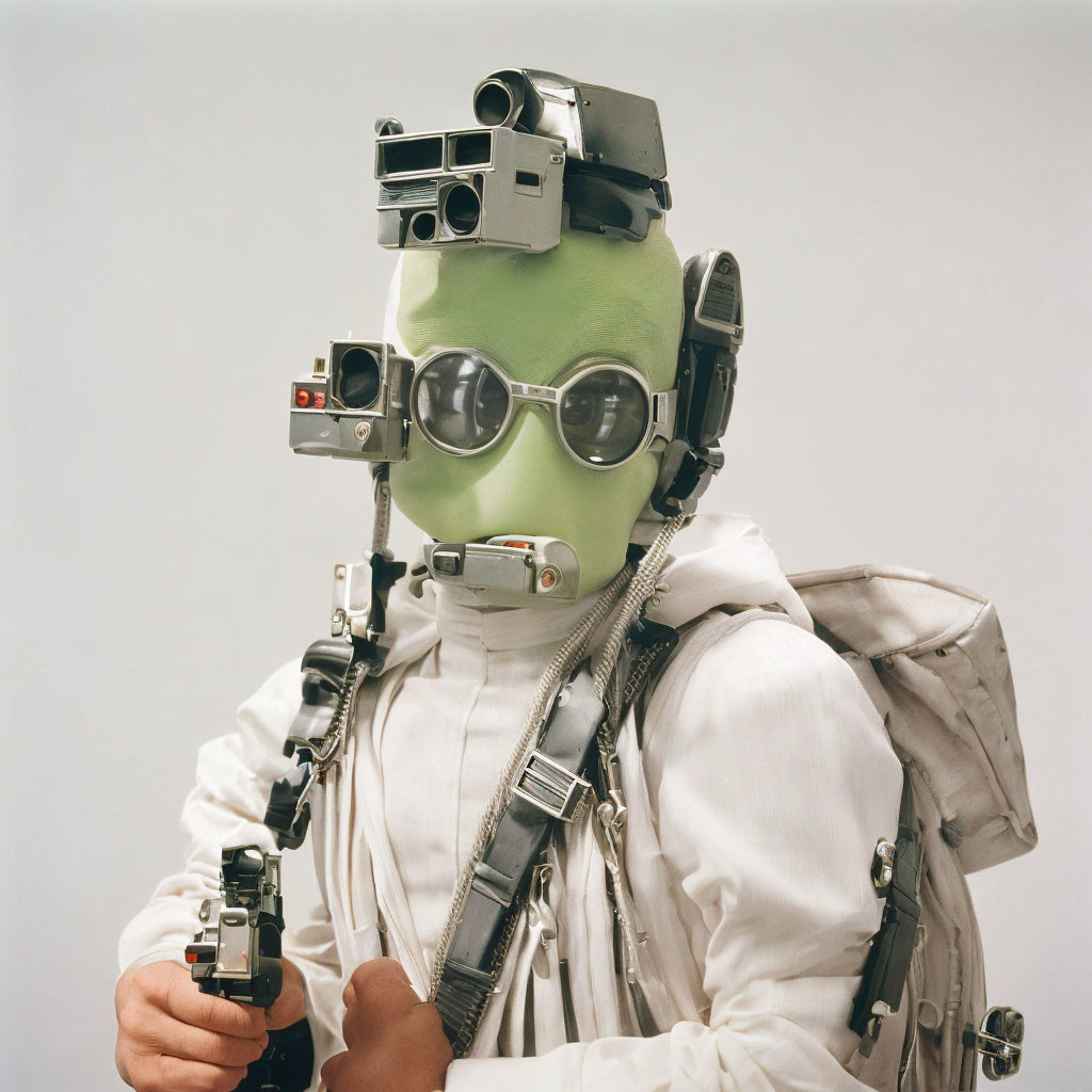 Person in White Suit with Vintage Cameras and Green Skin on Gray Background