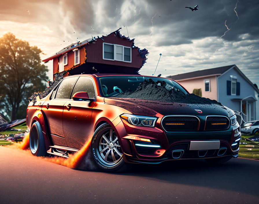 Red sports car with flame effects racing past disintegrating house in dramatic scene