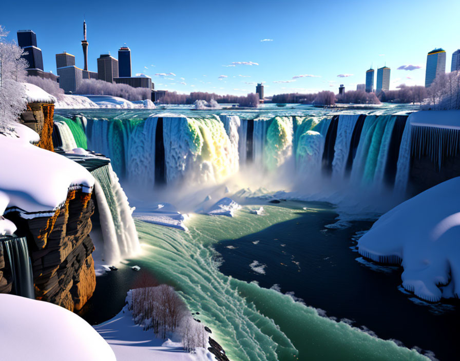 Futuristic city skyline with icy waterfall in snowy landscape