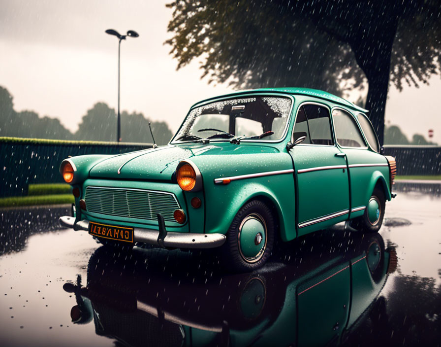 Vintage Teal Car Parked in Light Rain on Wet Road