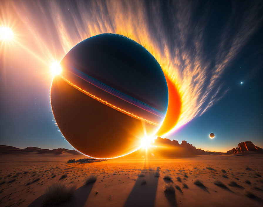 Mysterious sphere in vast desert at sunrise