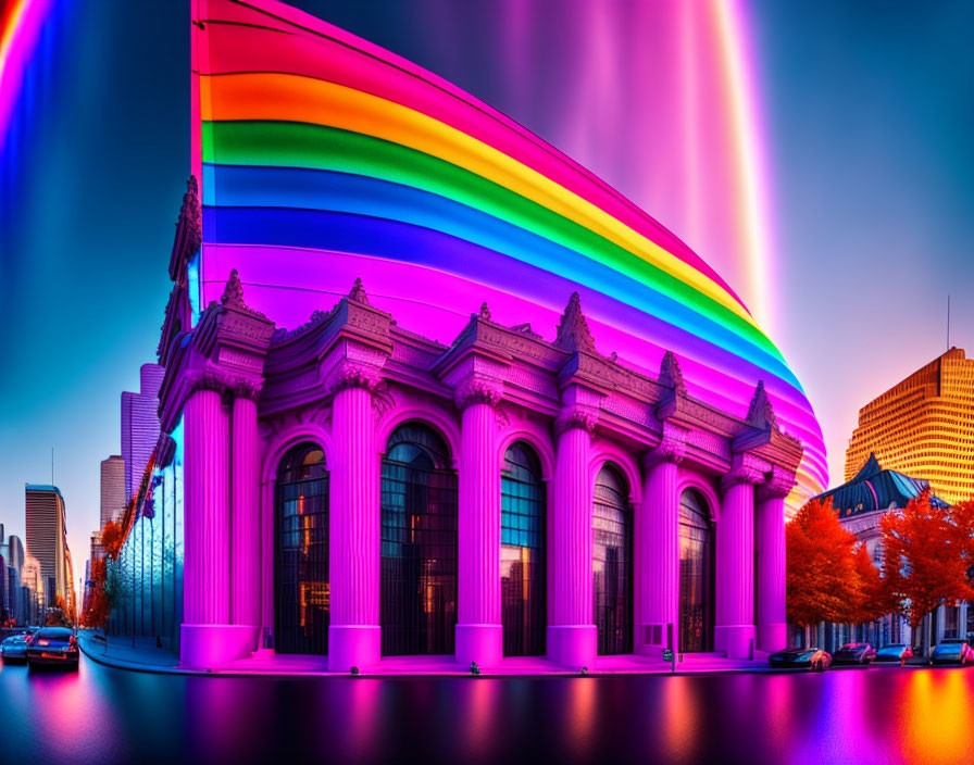 Digital art concept of classic building under rainbow in twilight sky