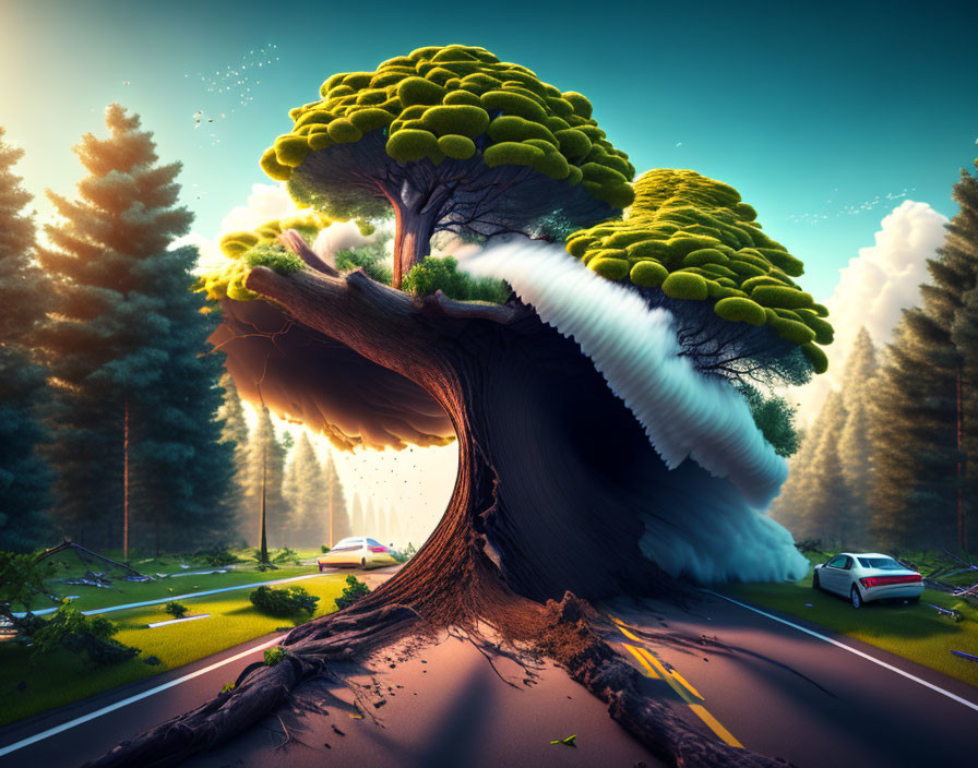 Giant tree uproots road with abandoned cars in surreal landscape