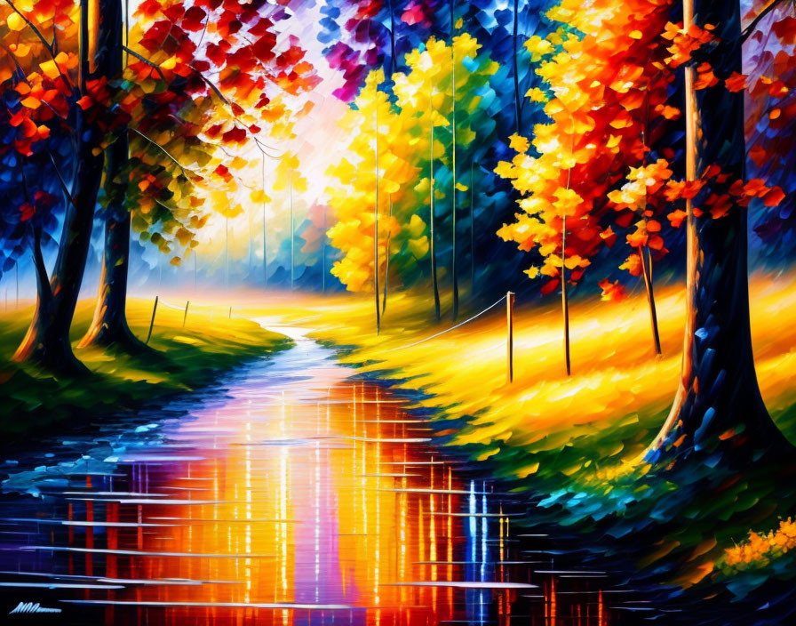 Scenic autumn forest painting with colorful trees and a reflective stream