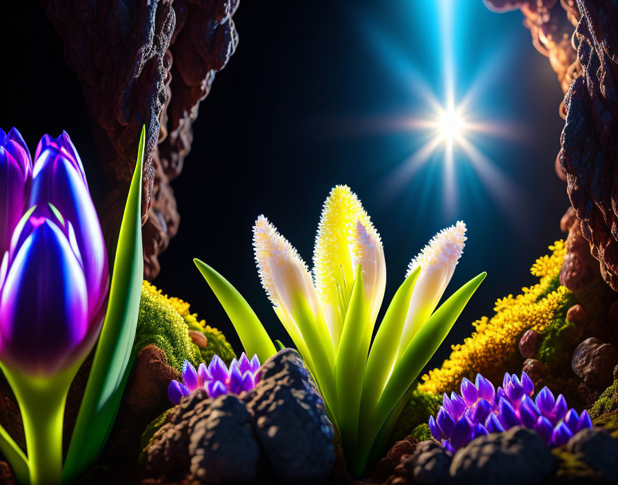 Colorful Flowers in Sunlight with Rock Textures and Moss