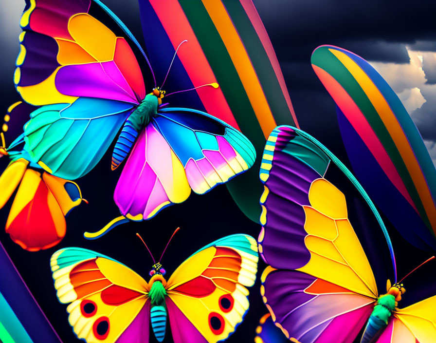 Colorful Butterflies with Intricate Wing Patterns on Dark Clouds and Rainbow Streams