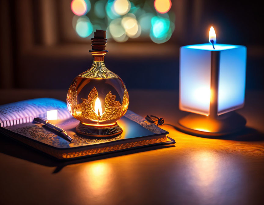 Glass inkwell, notebook, and lit candle with bokeh lights.