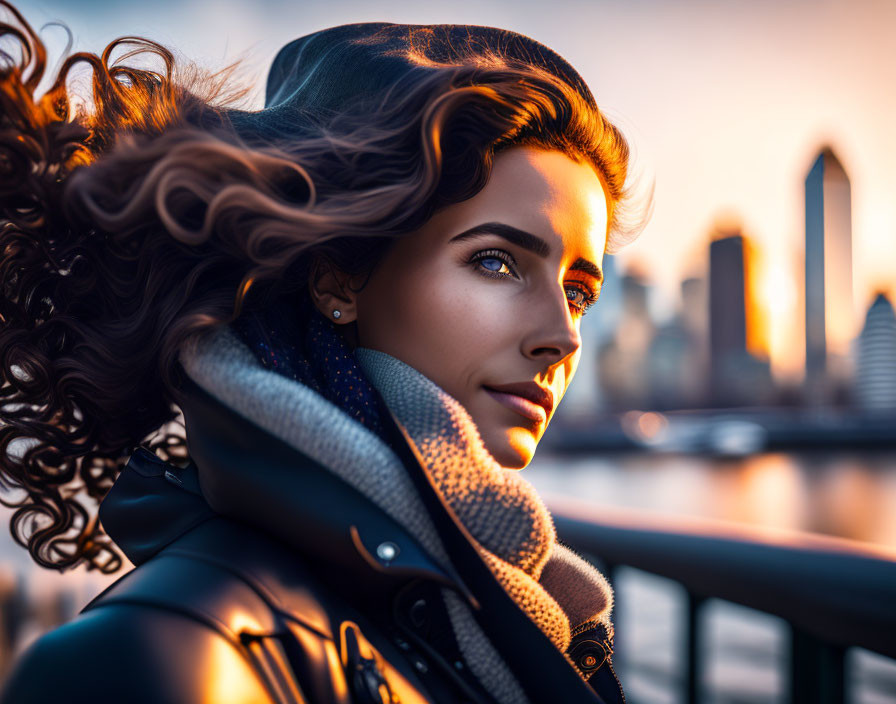 Curly-haired woman in coat and scarf gazes at city skyline at sunset