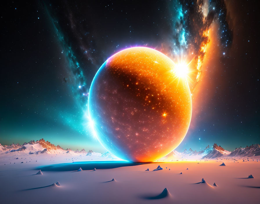 Sci-fi landscape with glowing celestial body over snowy terrain