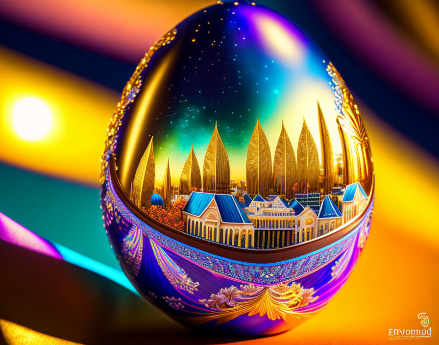 Ornate Fabergé Egg with Cityscape and Starry Sky Reflection