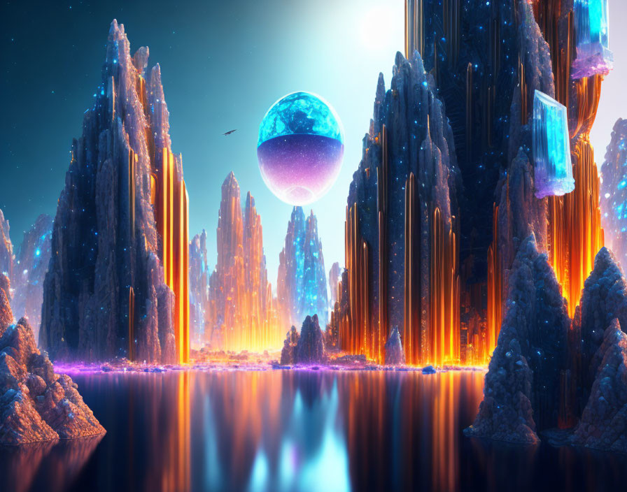 Surreal landscape with towering crystal formations and glowing orange light