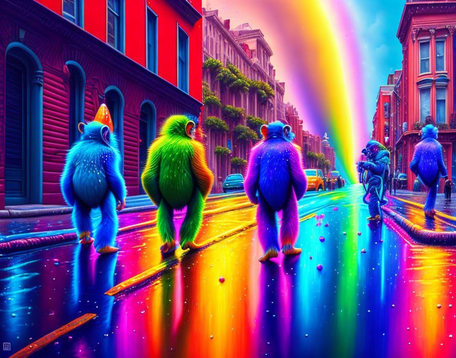 Vibrant rainbow-lit street with colorful furry creatures and classical architecture