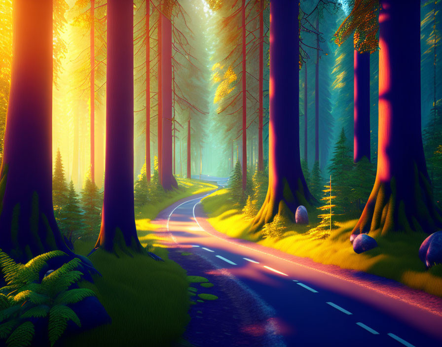 Scenic forest road under golden sunlight