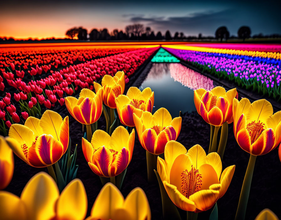 Colorful tulip fields at dusk with water canal reflection.