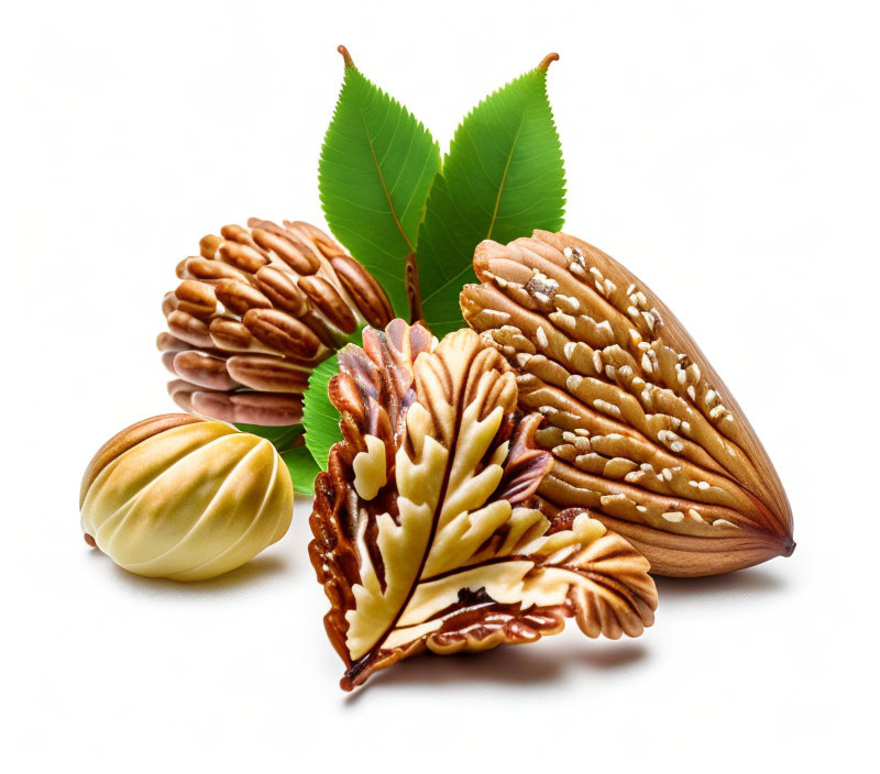 Fresh Whole Pecans with Green Leaves on White Background