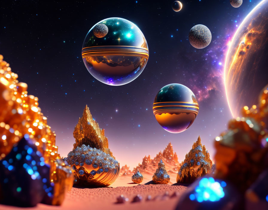 Colorful Sci-Fi Landscape with Floating Orbs and Crystalline Formations