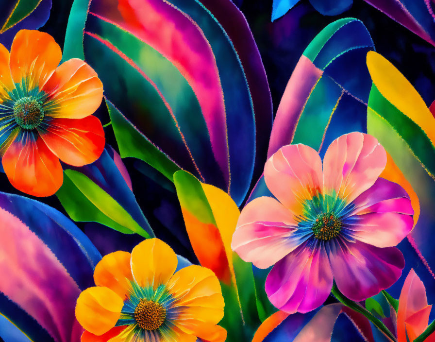 Colorful digital painting of multicolored flowers and vividly shaded leaves in a dreamy floral scene