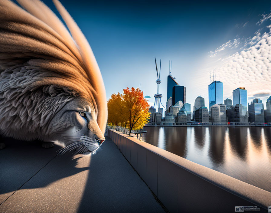 Composite Image: Giant Lion near City Skyline with Autumn Trees