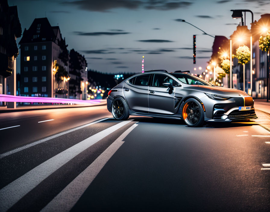 Sleek sports car parked on urban road at dusk