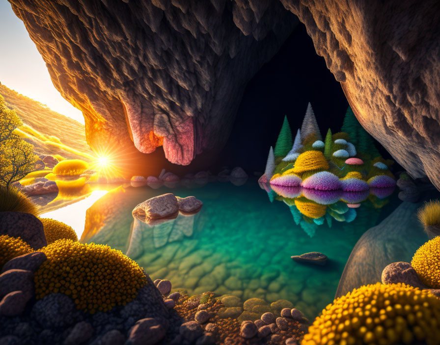 Fantastical cave opening with colorful plants and serene pond at sunset