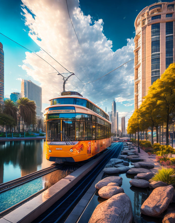 Colorful tram in modern city with skyscrapers, lake, trees, and cloudy sky