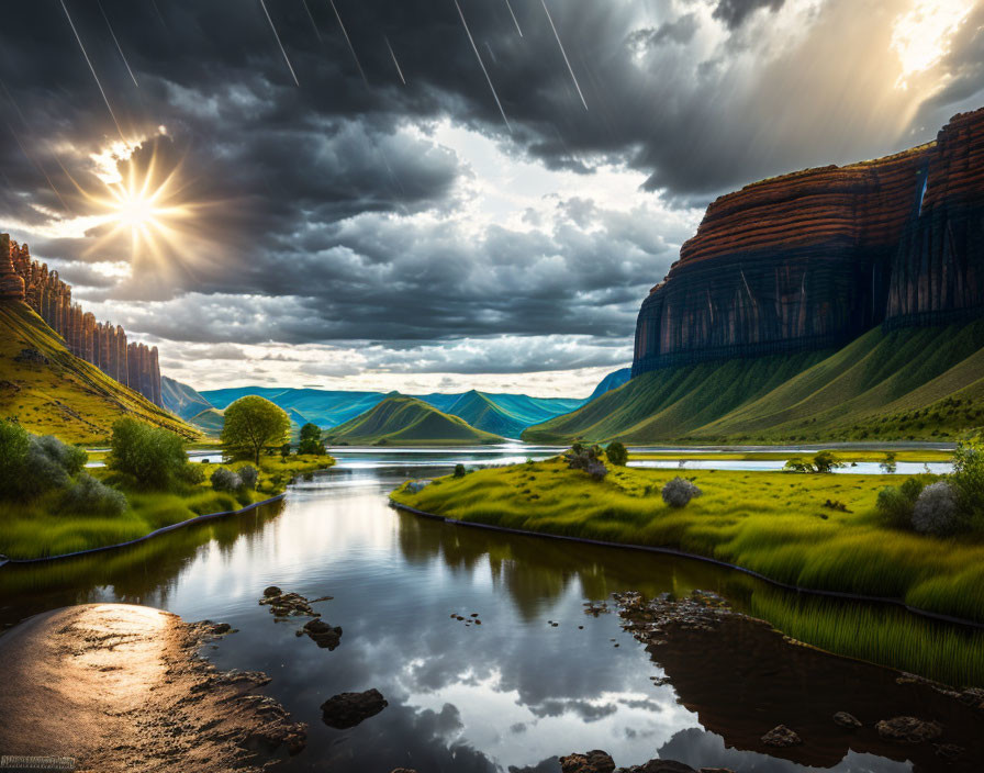 Tranquil landscape with layered cliffs, winding river, and sunset rays