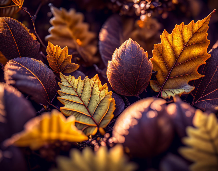 Vibrant autumn leaves under golden sunlight