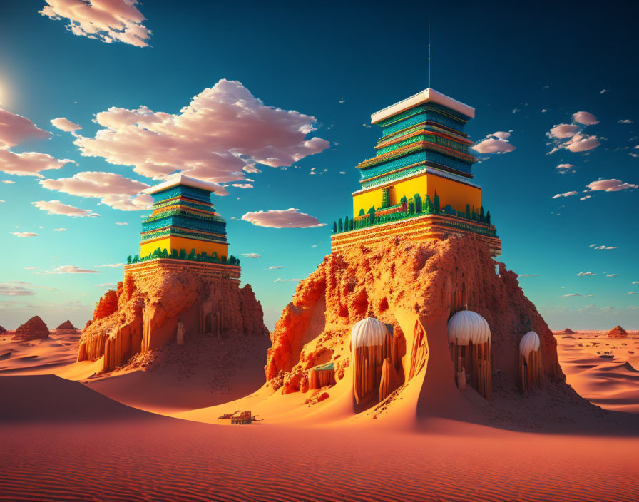 Digital artwork: Ancient towers on desert mounds under blue sky