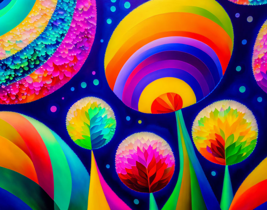 Colorful Abstract Painting: Concentric Circles & Rainbow Trees on Blue Background