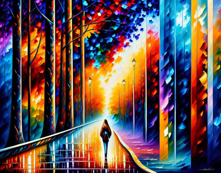 Colorful Painting of Person Walking on Rain-Soaked Street