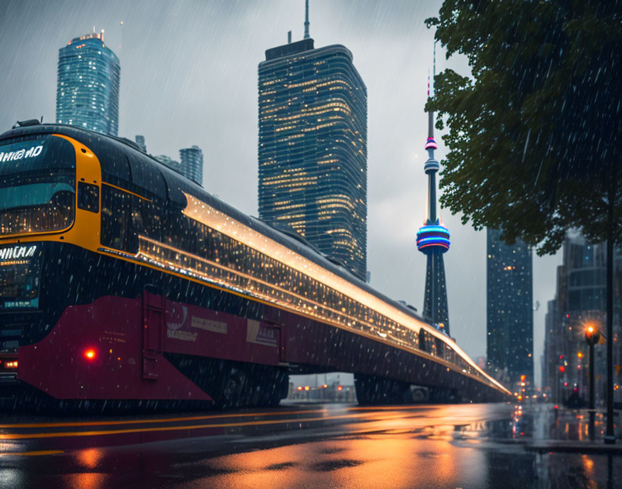 Rainy city street at dusk with streetcar and CN Tower.