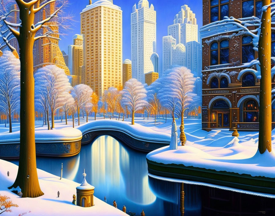 Snow-covered cityscape with bridge, classical architecture, and people walking.