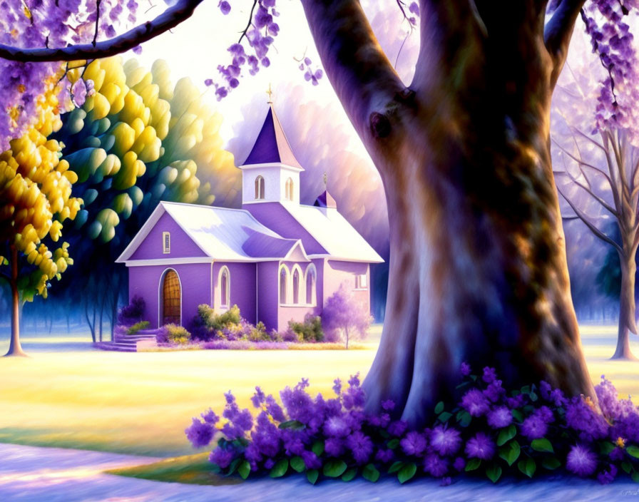 Purple church in lush greenery with tree and flowers