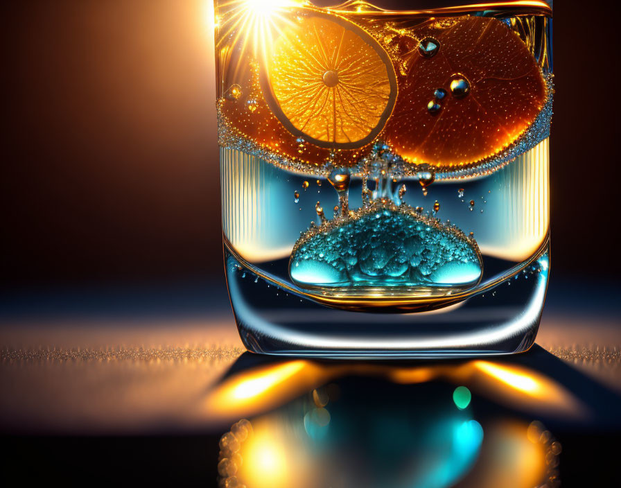 Glass with Carbonated Beverage and Orange Slice in Dark Warm-toned Setting