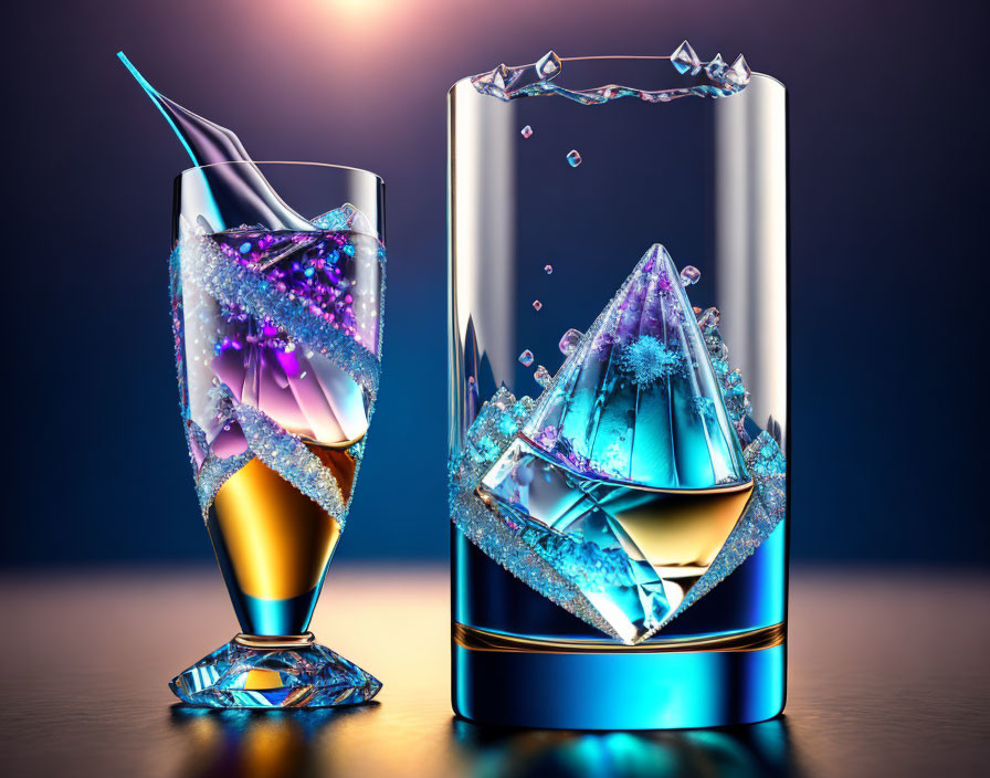 Sparkling crystalline structures in glasses with liquid splashes on reflective surface