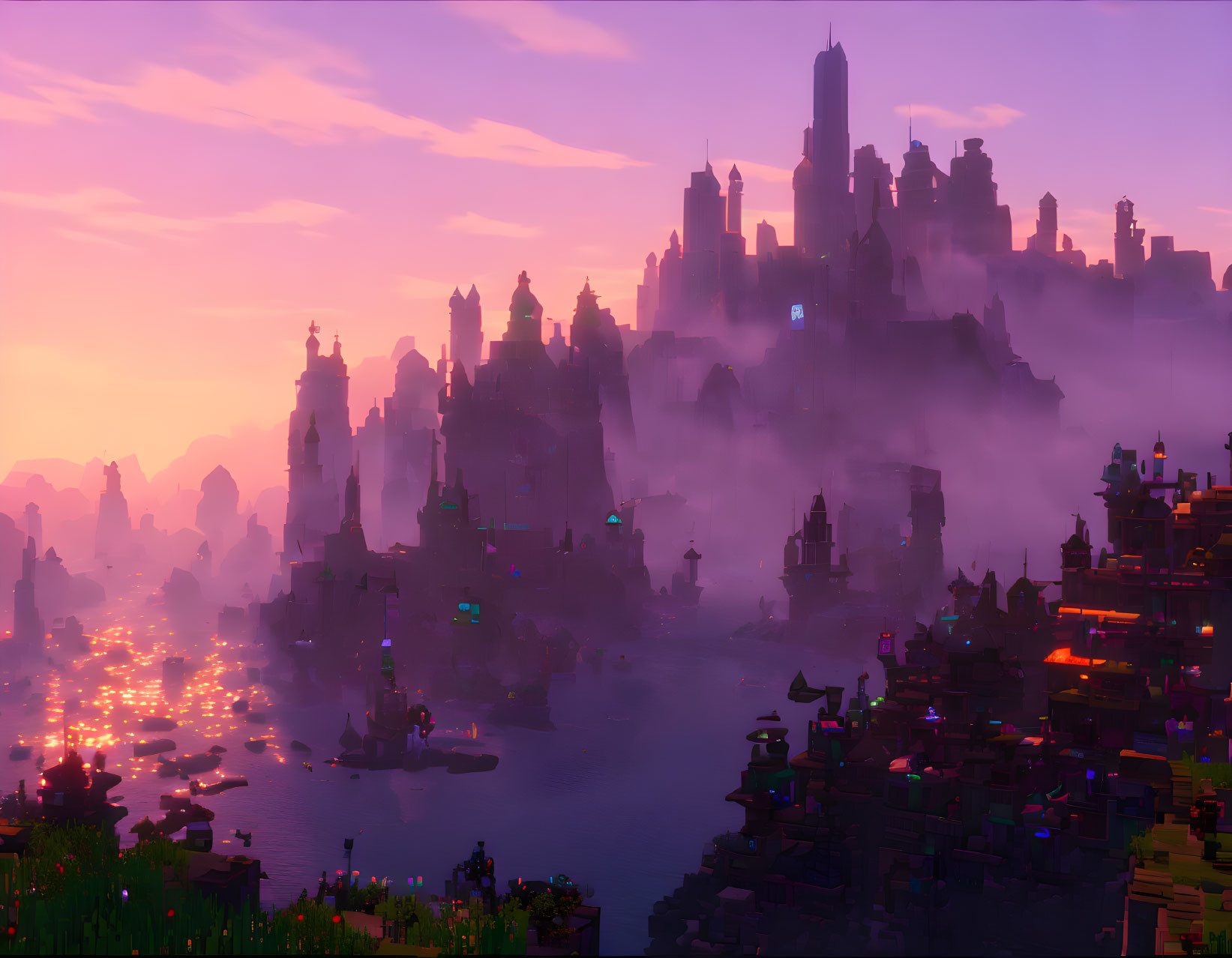 Purple-hued cityscape at dusk with misty silhouettes reflected on water