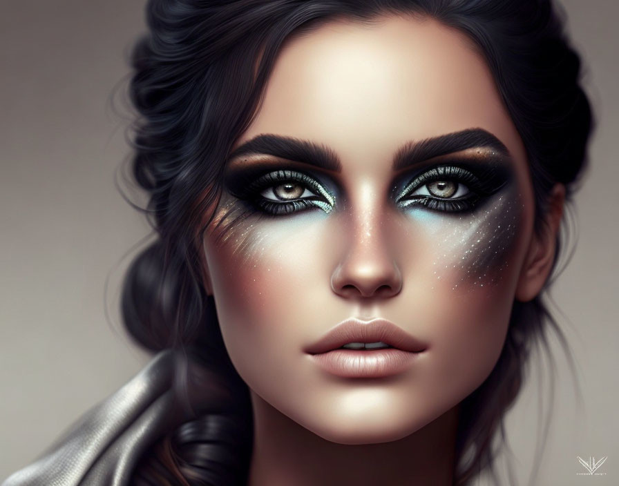 Portrait of woman with blue smokey eye makeup, glitter on cheeks, and elegant wavy hair