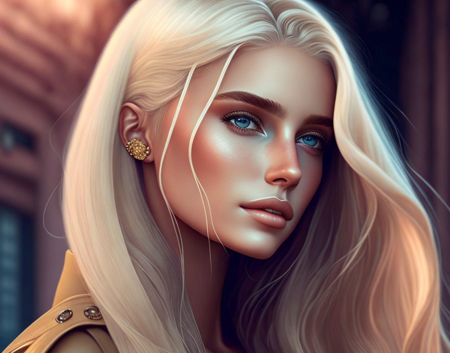 Blonde woman digital artwork with blue eyes and golden earring