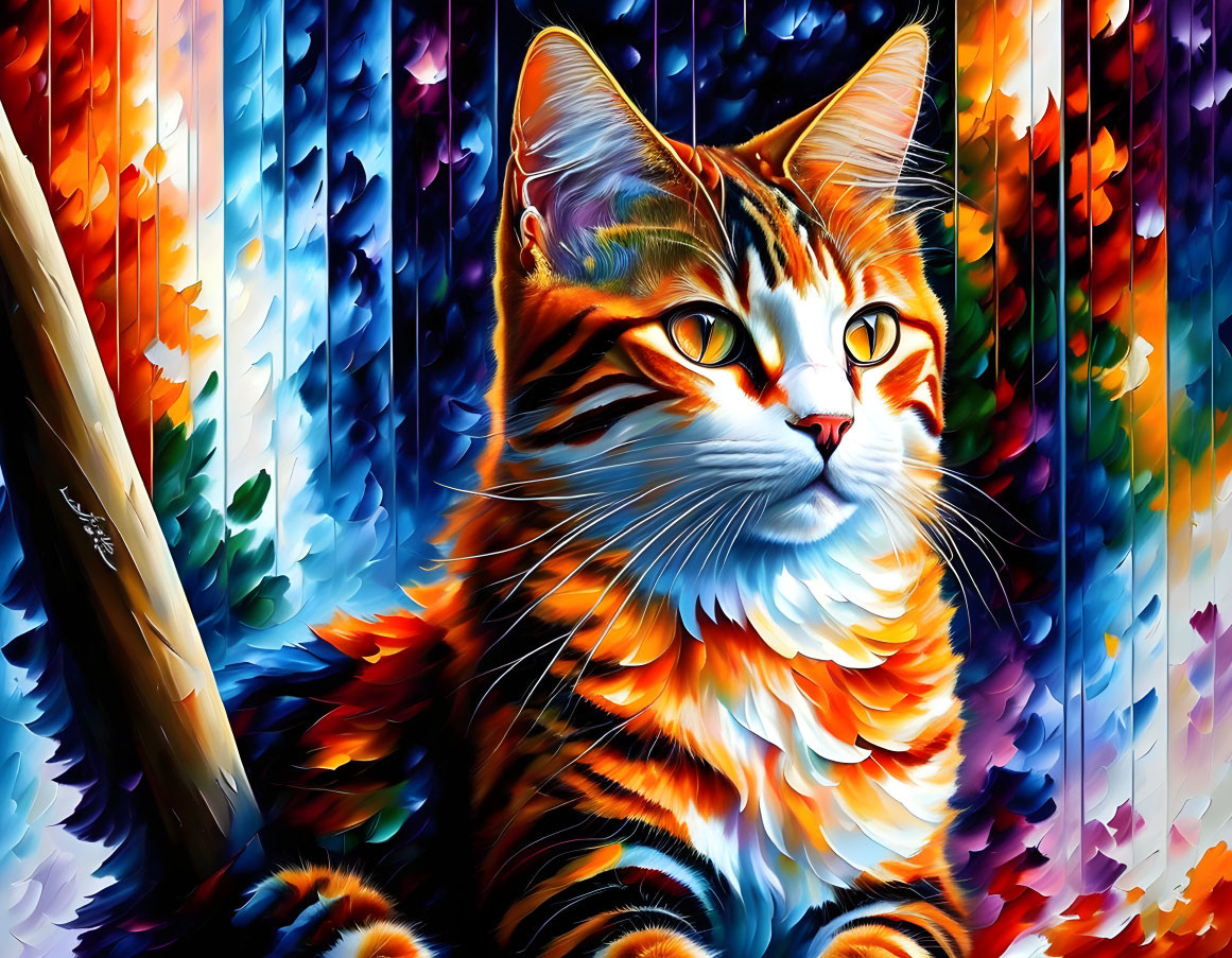 Vibrant digital painting of a cat with impressionistic style and bright orange fur.