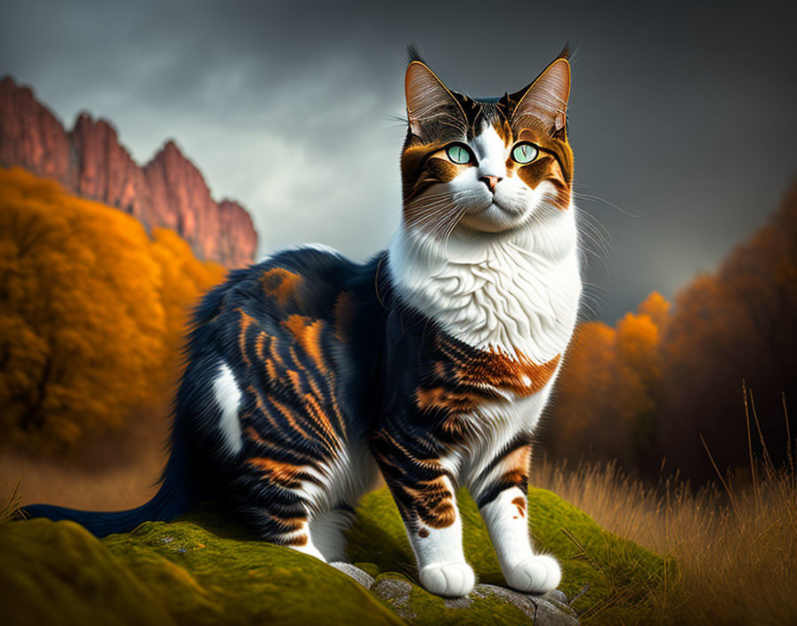 Calico Cat with Green Eyes on Mossy Rock Amid Autumn Trees