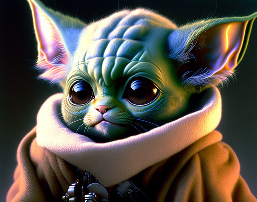 Realistic digital illustration of Baby Yoda with large eyes and oversized ears in tan swaddle.