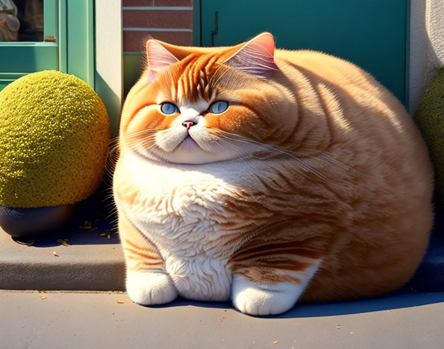 Chubby orange cat with blue eyes basking in sunlight by a doorway