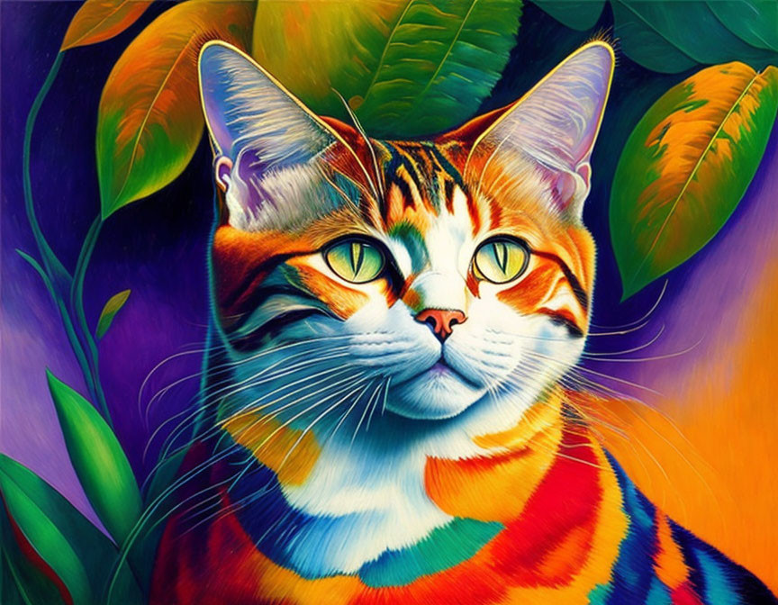 Colorful Cat Painting with Green Eyes and Striped Fur on Purple Sky Background