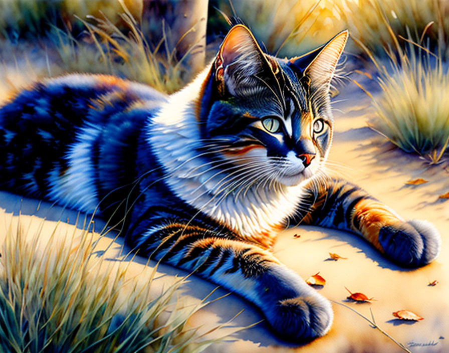 Colorful Illustration: Tabby Cat Lounging on Sandy Ground with Fallen Leaves