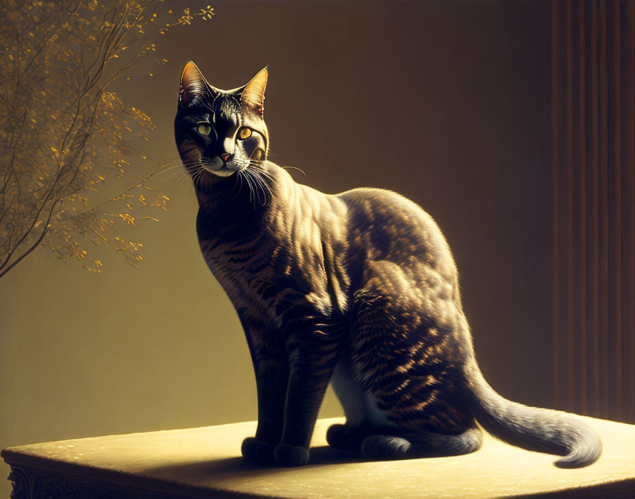 Striped fur cat on table under warm light with tree shadow.